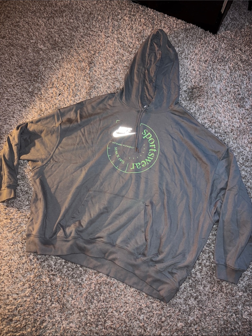 Nike Men's Gray Crewneck Hoodie with Green Logo